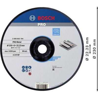 'Bosch PRO' Metall-Trennscheibe, Durchmesser 230 mm, Dicke 6 mm. Geeignet für Metallschnitte, langlebig. Maximale Drehzahl 6.650 U/min.