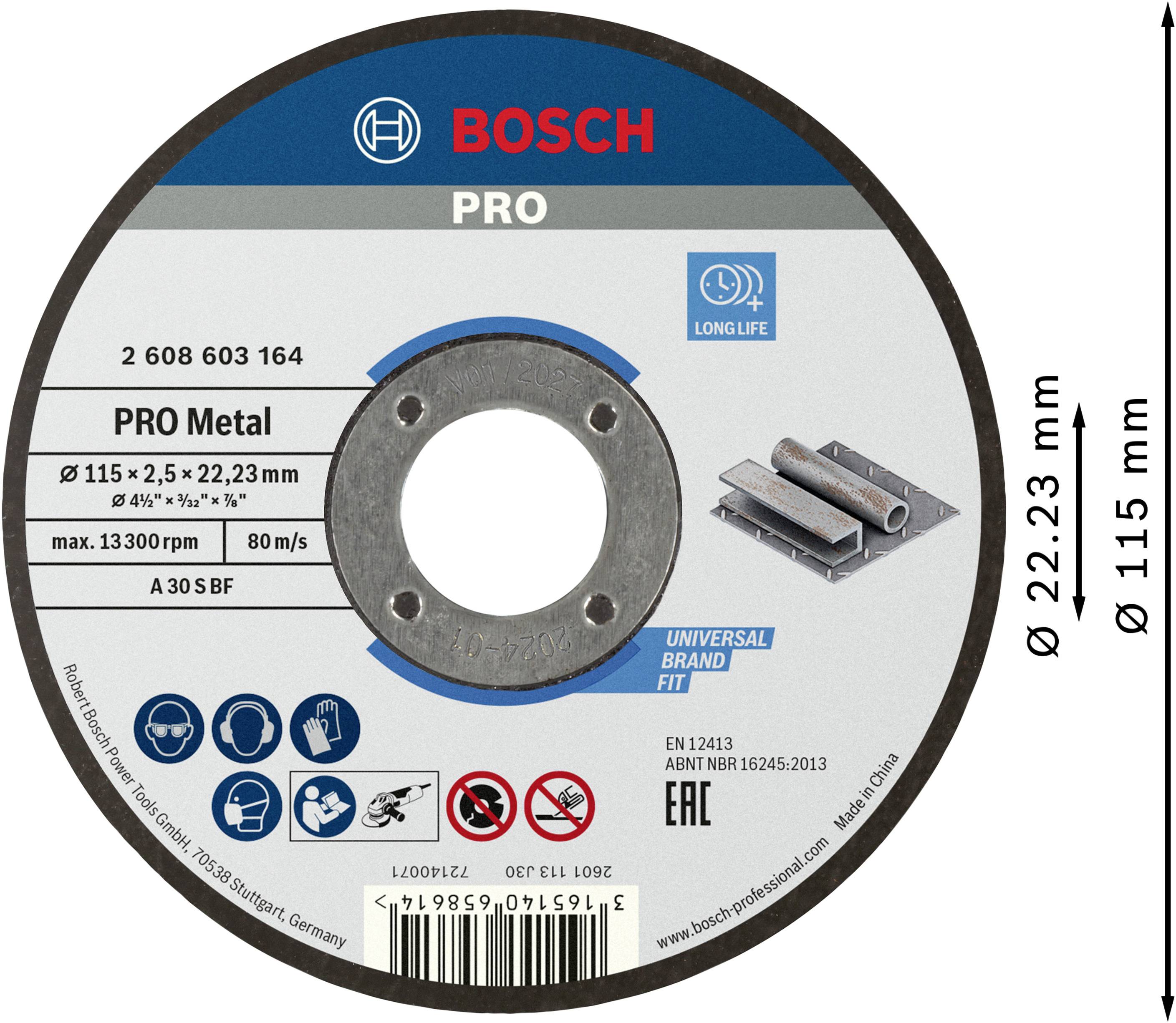 'Bosch PRO Metal-Trennscheibe, Durchmesser 115 mm, für Metall, Max. 13.300 U/min, 80 m/s, zeigt Bild mit Scheibe und technischen Details.'