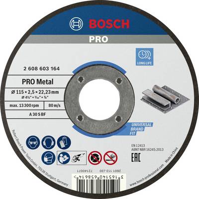 Schleifscheibe von Bosch 'Pro Metal' für Metallschnitt, Größe 115 x 2,5 x 22,23 mm. Symbol für lange Lebensdauer, max. 13.300 U/min.
