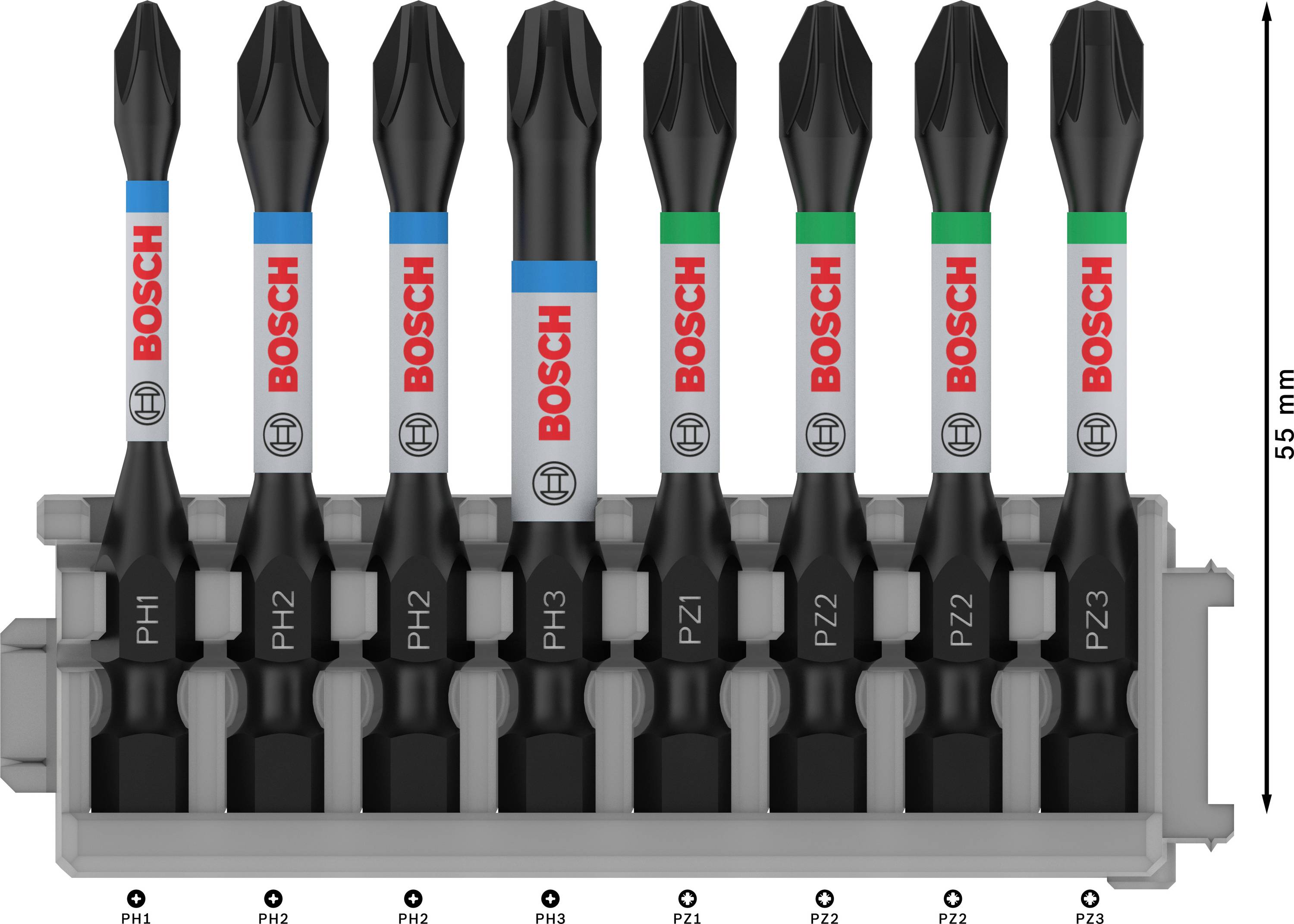 'Satz mit sieben Bosch Schrauberbits in einem Halter. Bits sind nach Typ markiert: PH1, PH2, PH2, PH3, PZ1, PZ2, PZ3. Höhe: 55 mm.'