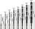Ein Satz Bohrer mit unterschiedlichen Durchmessern (2mm bis 10mm) und Längen (von 60mm bis 133mm), aufrecht stehend in einer Reihe.