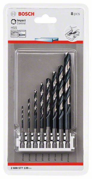 Verpackung von Bosch Bohrersatz, enthält 8 Spiralbohrer in verschiedenen Größen, ideal für beliebte Heimwerkeranwendungen.