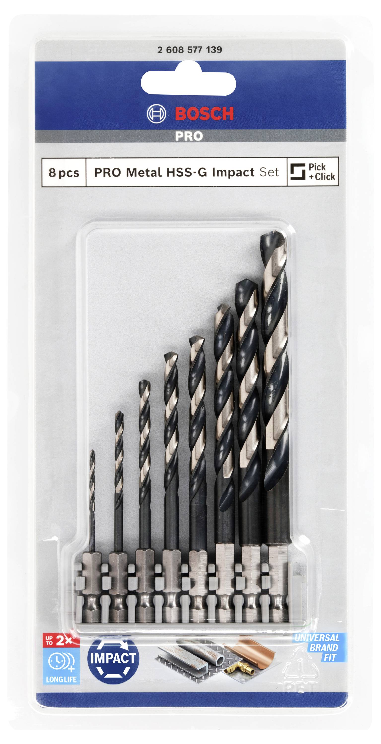 Verpackung mit 8 Bosch PRO Metallbohrern, präsentiert als langlebiges Impact-Set mit HSS-G-Technologie für präzise Anwendungen.