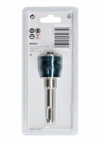 Bohrer-Adapter in Verpackung, Marke Bosch, passend für verschiedene Bohrmaschinenmodelle. Verpackung zeigt Herstellerinformationen.