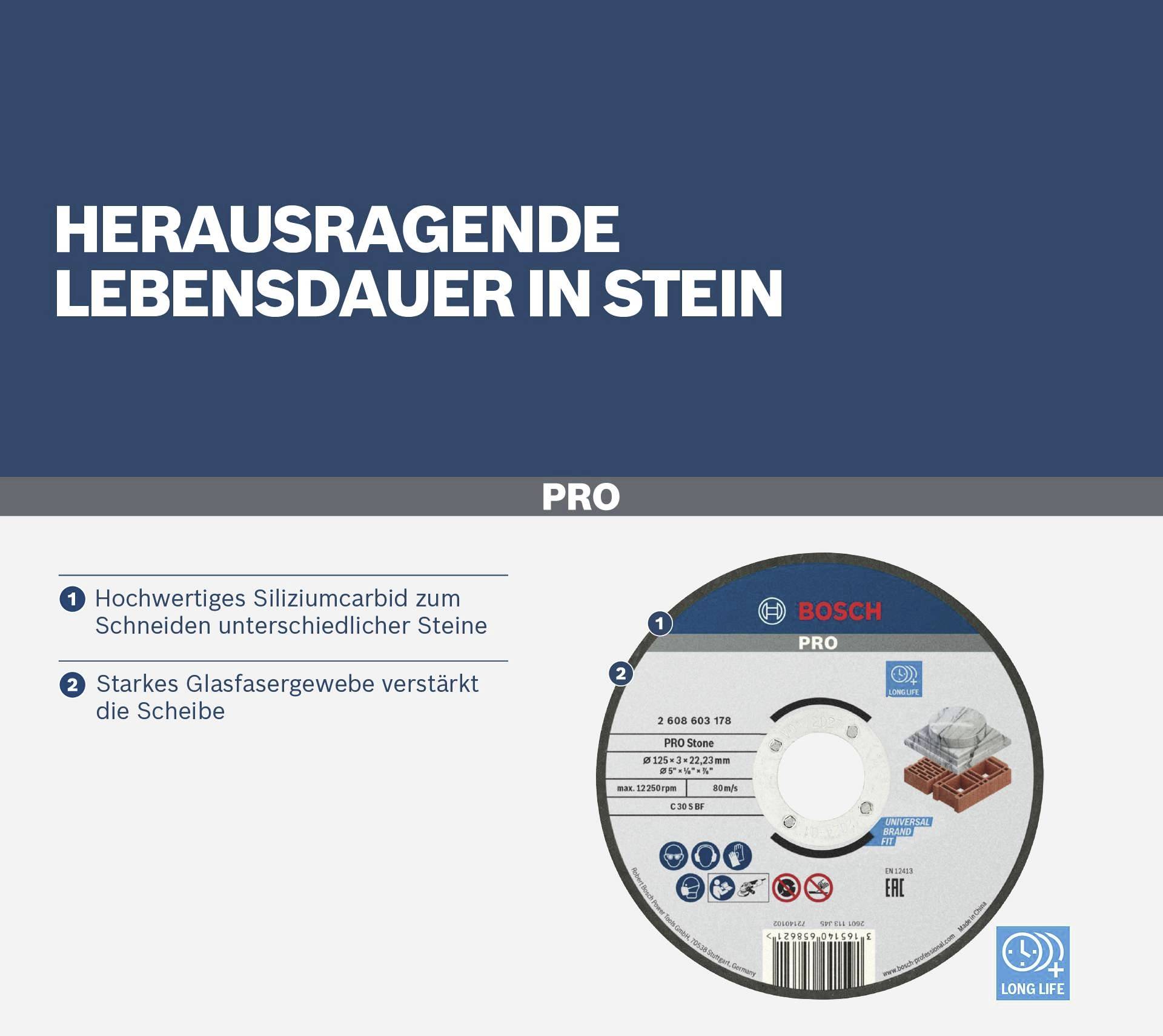 Eine Trennscheibe mit der Aufschrift 'HER­AUS­RA­GEN­DE LEBEN­SDAUER IN STEIN'. Hauptmerkmale: Siliziumcarbid, verstärktes Glasfasergewebe.