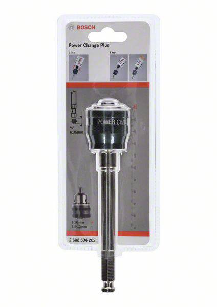'Bosch Power Change Plus Adapter in Verpackung, geeignet für Bohrer. Produktbild zeigt Adapter in Blisterverpackung mit Infografik.'