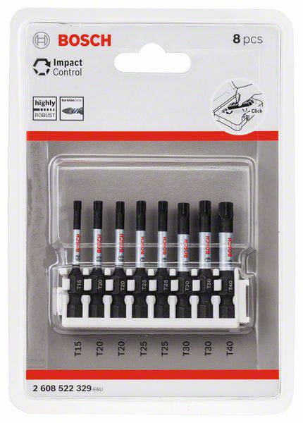 'Bosch Impact Control' Set mit 8 Torx-Bits, T15 bis T40, in Kunststoffhalterung, geeignet für robuste Anwendungen.
