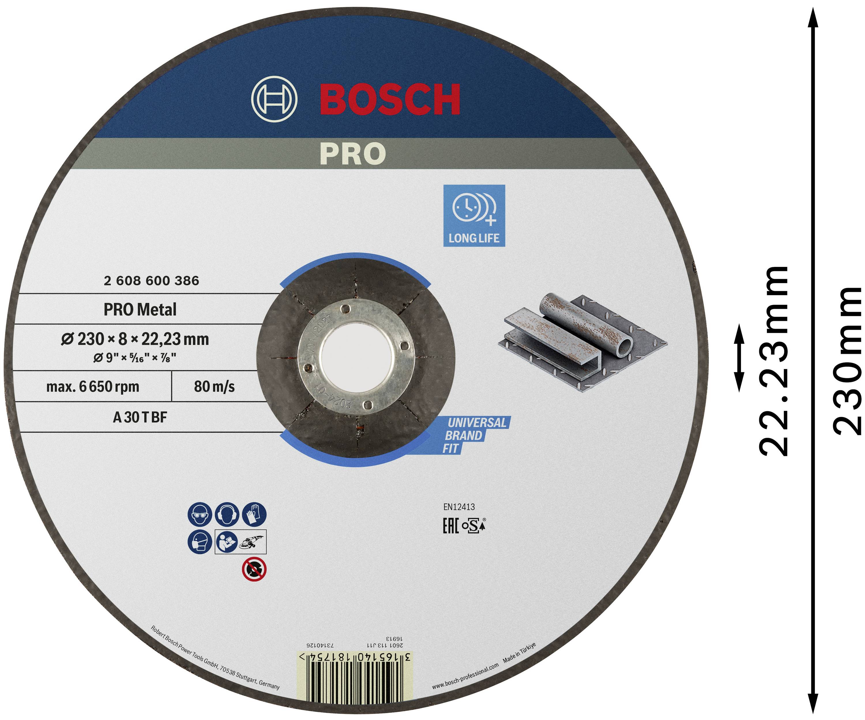 Schleifscheibe von Bosch 'PRO Metal', Durchmesser 230 mm, Stärke 3 mm, für Metallbearbeitung, Drehzahl max. 6650 U/min.