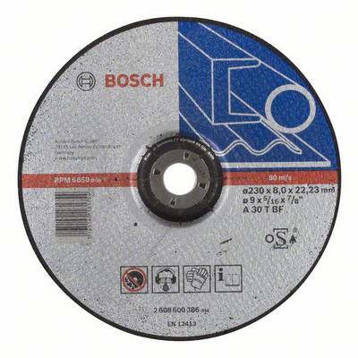 Schleifscheibe von Bosch, 230 mm Durchmesser, für Metallbearbeitung. Geschwindigkeit: 80 m/s. Text: 'Bosch' und technische Spezifikationen.