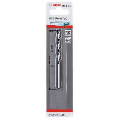 'Bosch HSS PointTeQ Metallbohrer 5,5 mm' in grauer Verpackung, misst 93 mm in Gesamtlänge, 'high speed' markiert, Artikelnummer unten.