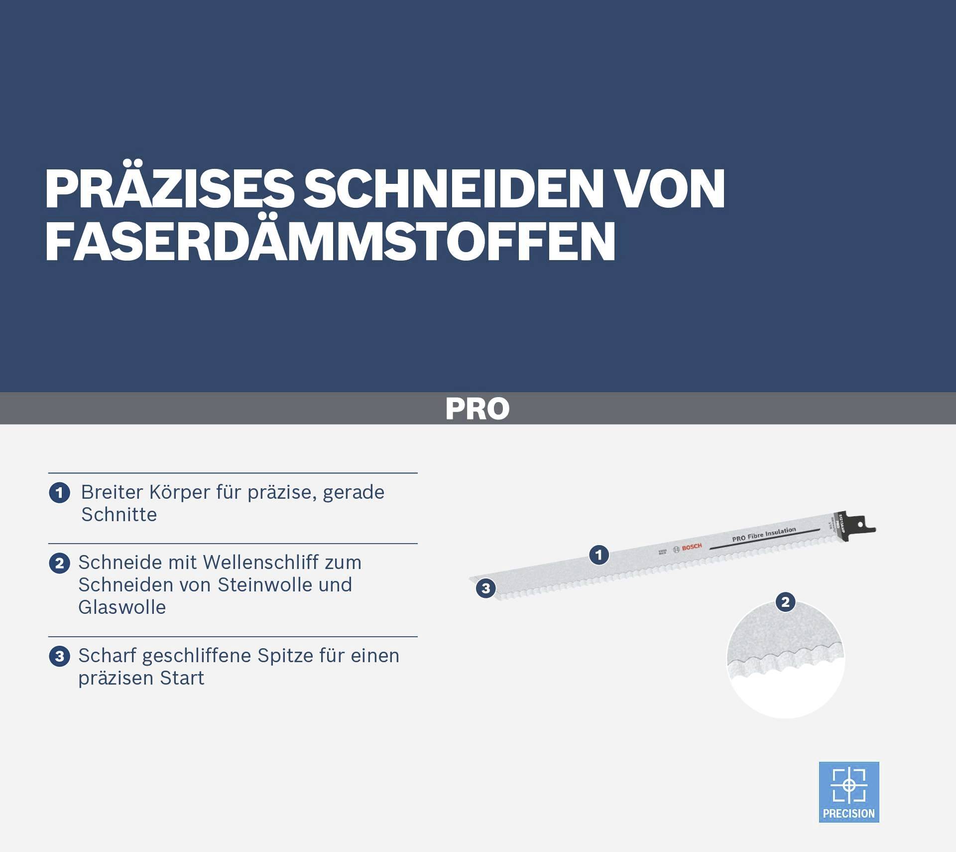 'Präzises Schneiden von Faserdämmstoffen' zeigt ein Schneidewerkzeug mit breitem Körper, Wellenschliff und scharfer Spitze für präzise Schnitte.
