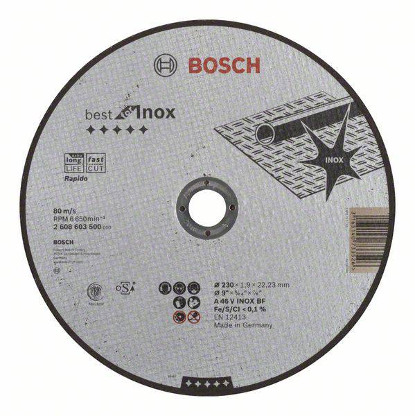 Schleifscheibe von Bosch für Metallbearbeitung, 'Best for Inox'. Maximale Drehzahl: 80 m/s, 6500 U/min. Hergestellt in Deutschland.