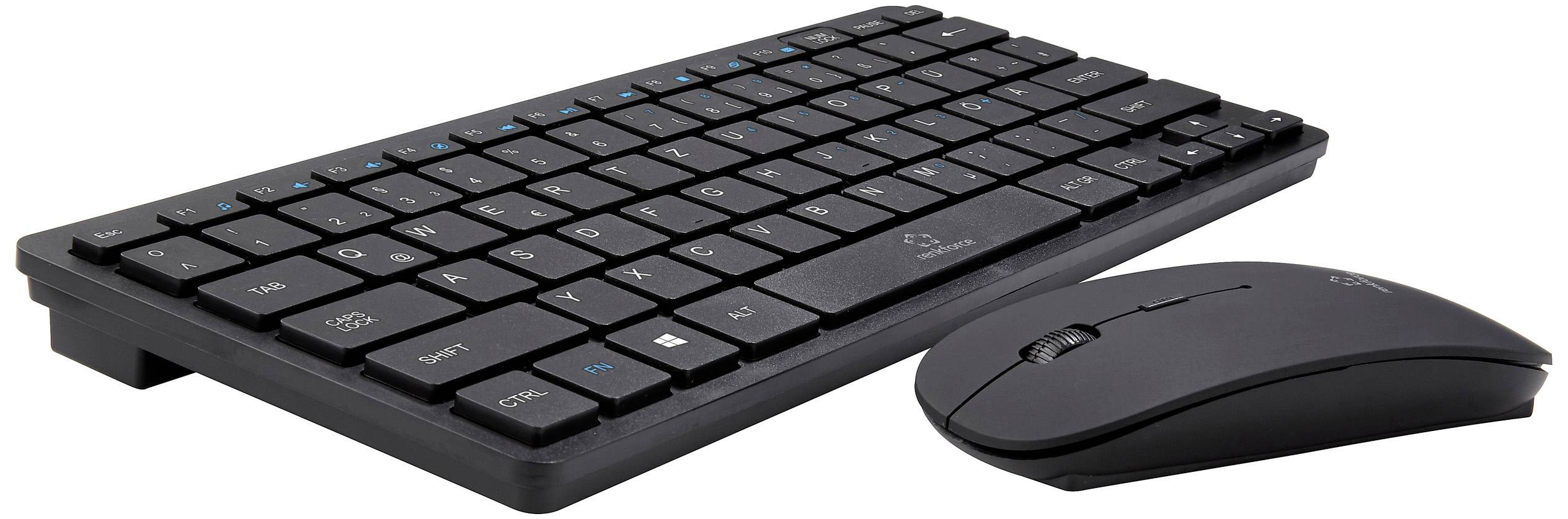 Kabellose, schwarze Tastatur und Maus auf weißem Hintergrund.