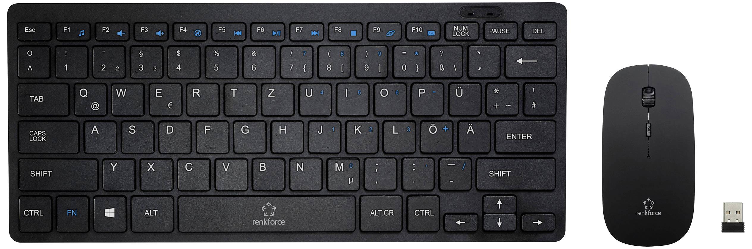 Kabellose schwarze Tastatur mit deutschem QWERTZ-Layout und passender Maus. Ein USB-Empfänger ist ebenfalls abgebildet.