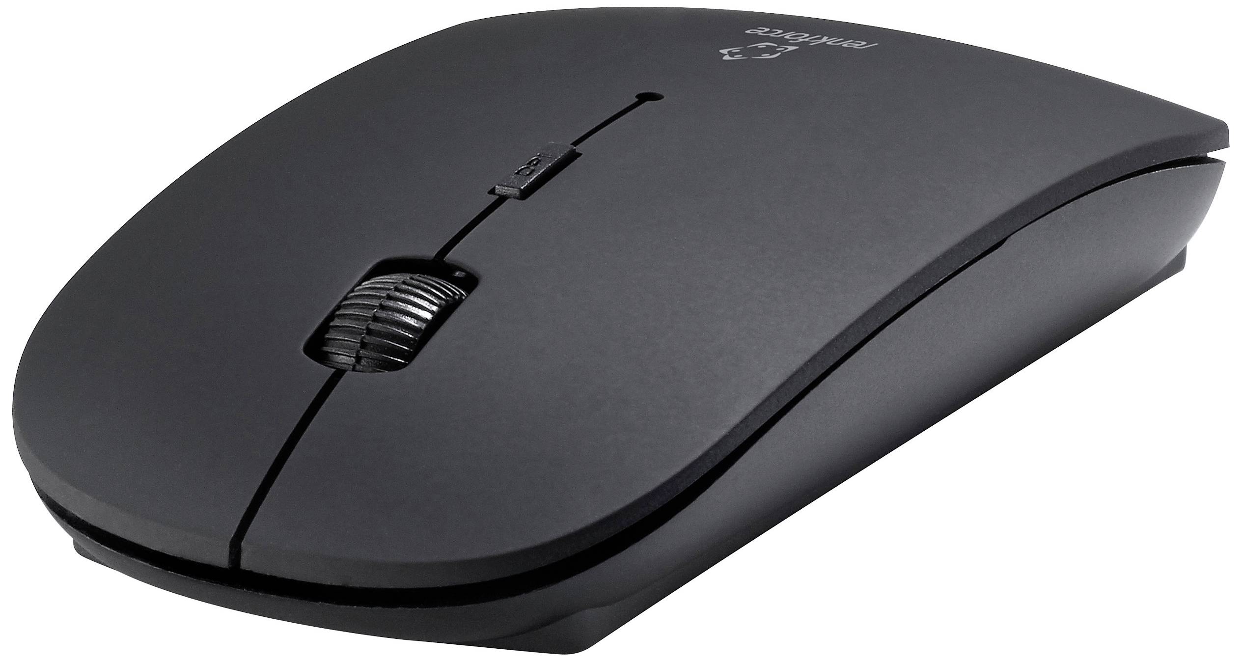 Schwarze drahtlose Computermaus mit Scrollrad, seitlicher Ansicht. Ideal für präzises Arbeiten am Computer ohne Kabel.