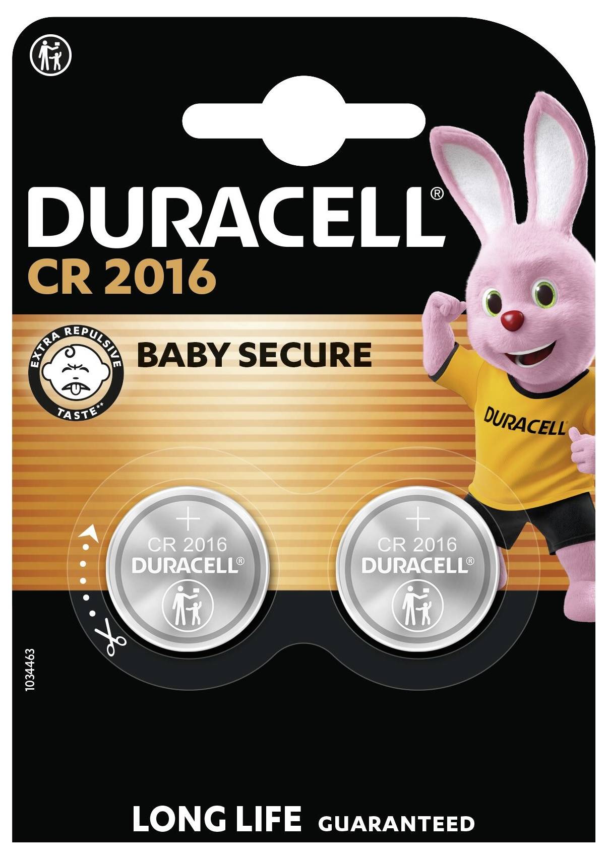 Duracell CR 2016 Batterien, Packung mit zwei Stück. Mit Baby Secure Technologie und Langzeitgarantie. Bild eines rosa Hasen auf der Verpackung.