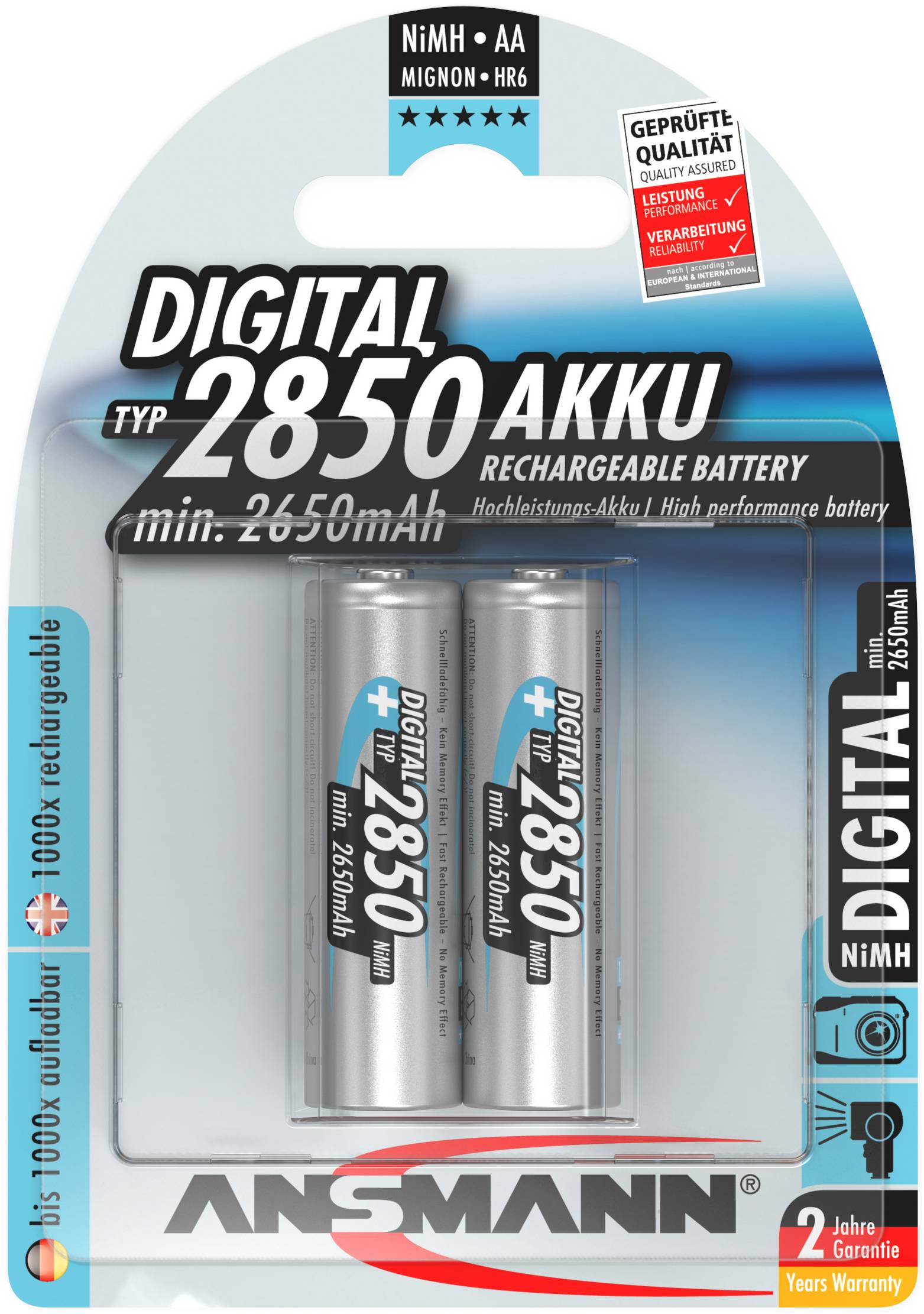 Zwei AA-NiMH-Akkus der Marke Ansmann 'Typ 2850' mit einer Kapazität von mindestens 2650mAh, in Verpackung mit Qualitätszertifikat.