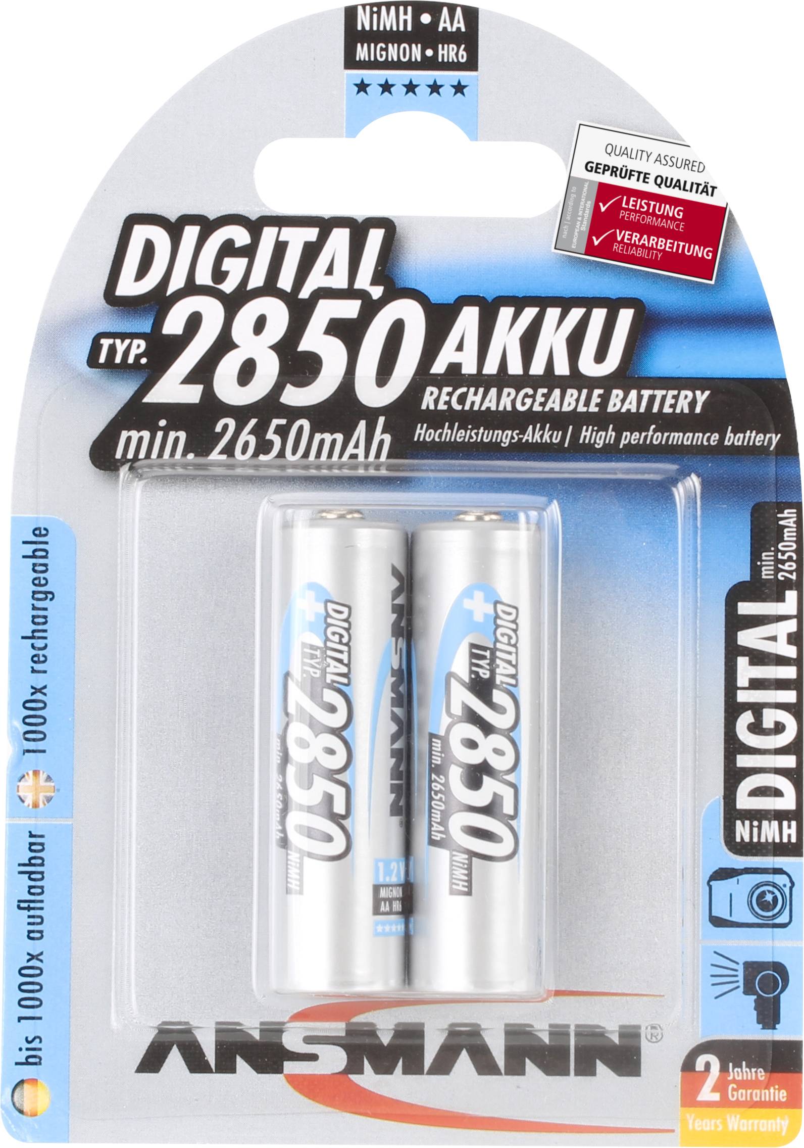 'Ansmann Digital 2850 Akku, Typ AA, NiMH, wiederaufladbar, Hohe Leistung, Kapazität 2650mAh, 2 Jahre Garantie, Packung mit 2 Batterien.'