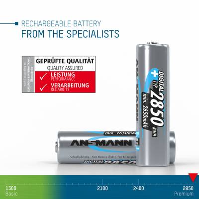 Zwei wiederaufladbare Batterien mit einer Kapazität von 2850 mAh, Hersteller ANSMANN. Zertifizierte Qualität für Leistung und Verarbeitung.