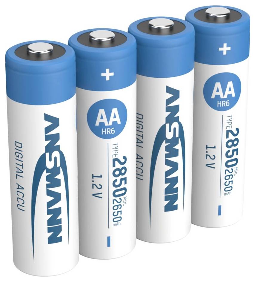 Vier Ansmann AA-Akkus mit blauen Deckel. Jede Batterie zeigt die Beschriftung '1,2V', '2850mAh' und 'Typ HR6'.