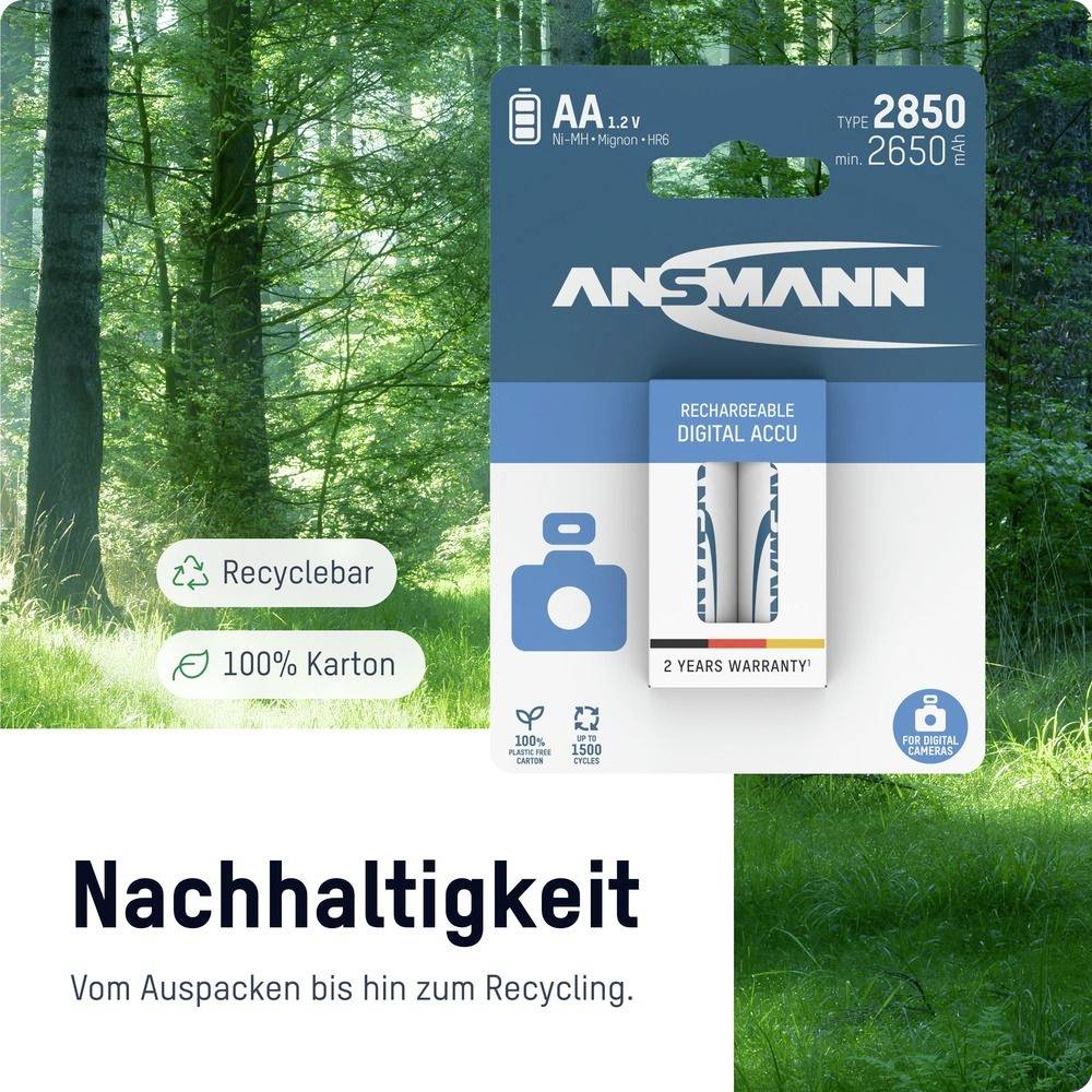 Paket von Ansmann AA Akkus mit dem Text 'Nachhaltigkeit von der Auspacken bis zum Recycling' und umweltfreundlichen Symbolen.