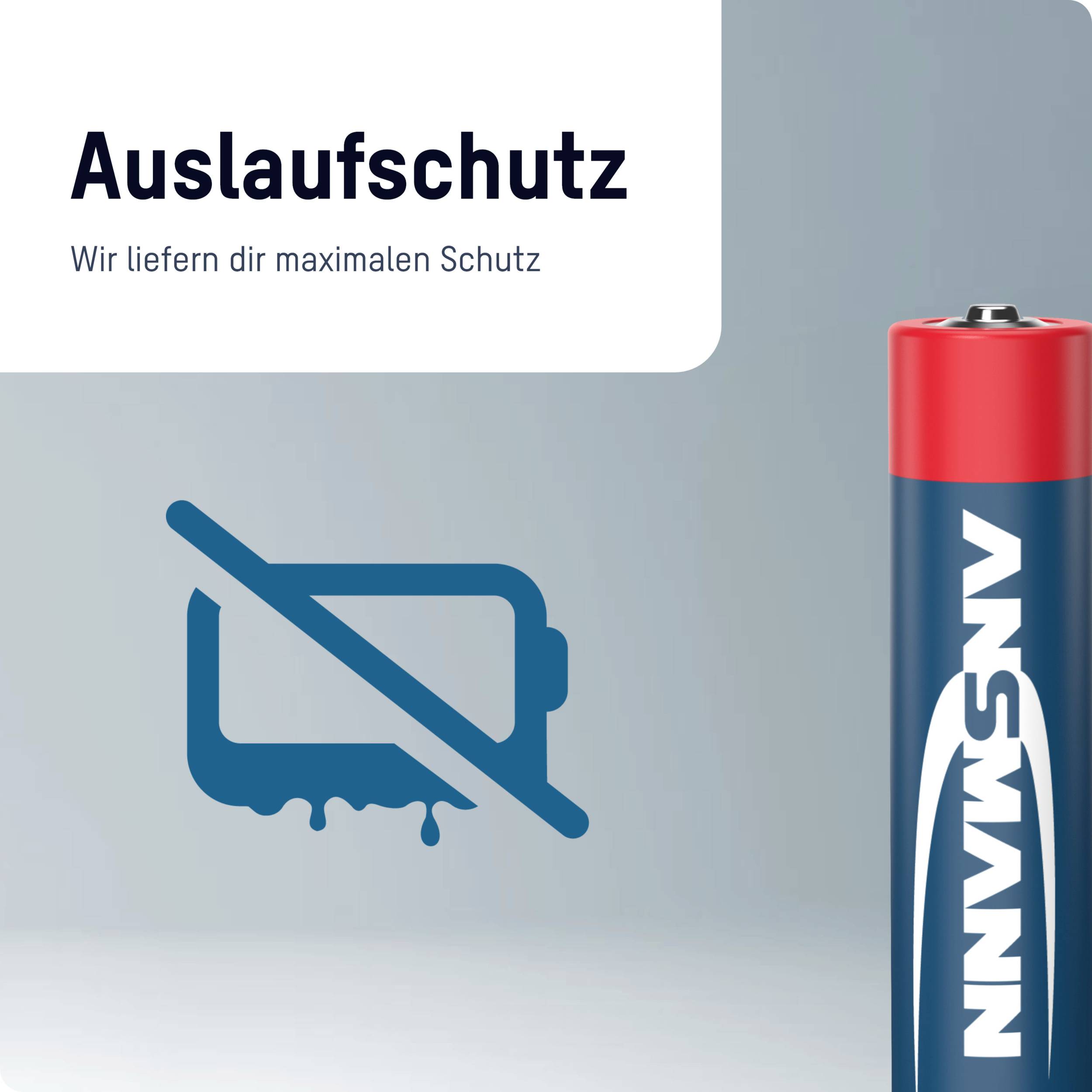 'Ansmann'-Batterie mit Icon und Text 'Auslaufschutz: Wir liefern dir maximalen Schutz'. Betonung auf Zuverlässigkeit der Batterie.