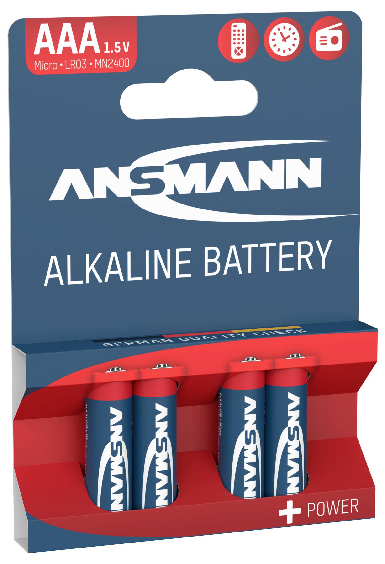 'Ansmann Alkaline-Batterien, AAA 1,5V, 4er-Packung. Geeignet für kleine Geräte wie Uhren, Fernbedienungen und Spielzeug.'