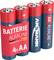 Vier AA-Alkalibatterien in roter Verpackung mit Aufschrift 'BATTERIE ALKALINE 4x AA'.