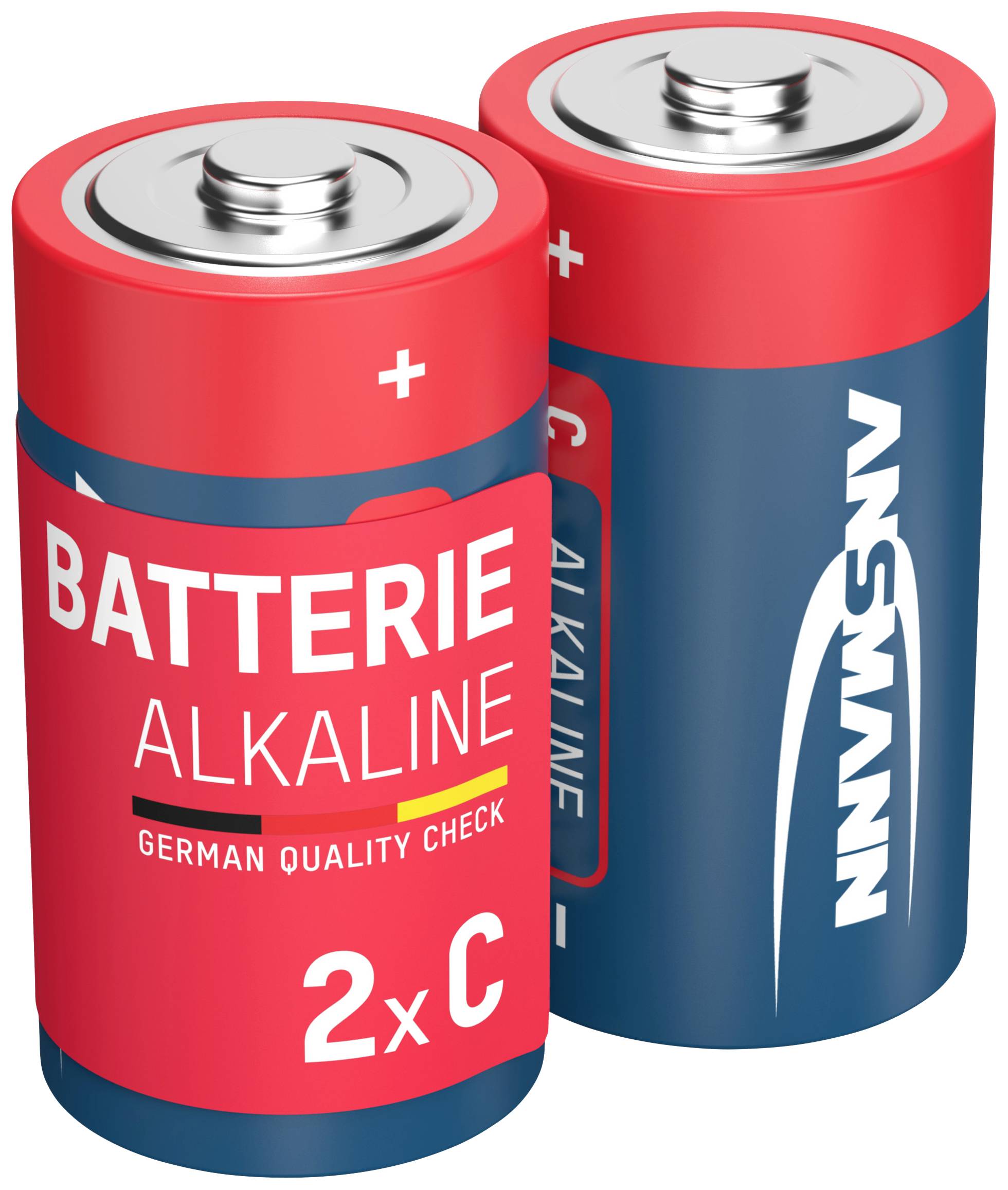 Zwei rote und blaue Alkali-Batterien der Marke Ansmann mit der Aufschrift 'Batterie Alkaline', Größe '2xC', deutsche Qualitätsprüfung.