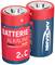 Zwei rote und blaue Alkali-Batterien der Marke Ansmann mit der Aufschrift 'Batterie Alkaline', Größe '2xC', deutsche Qualitätsprüfung.