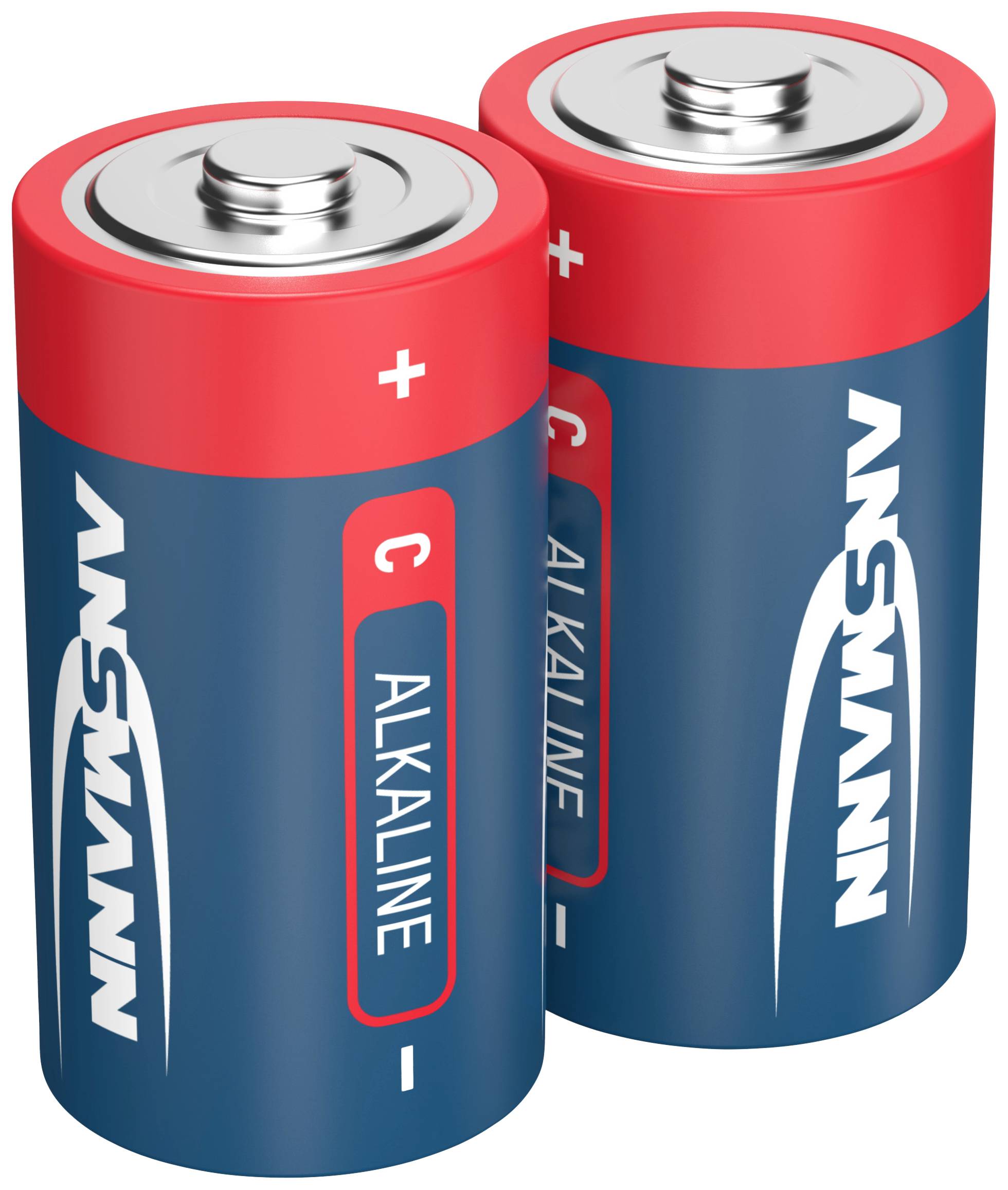 Zwei Alkaline-Batterien der Größe C mit rotem Plus- und Minuspol-Ring. Sie sind blau mit der Marke 'Ansmann' bedruckt.
