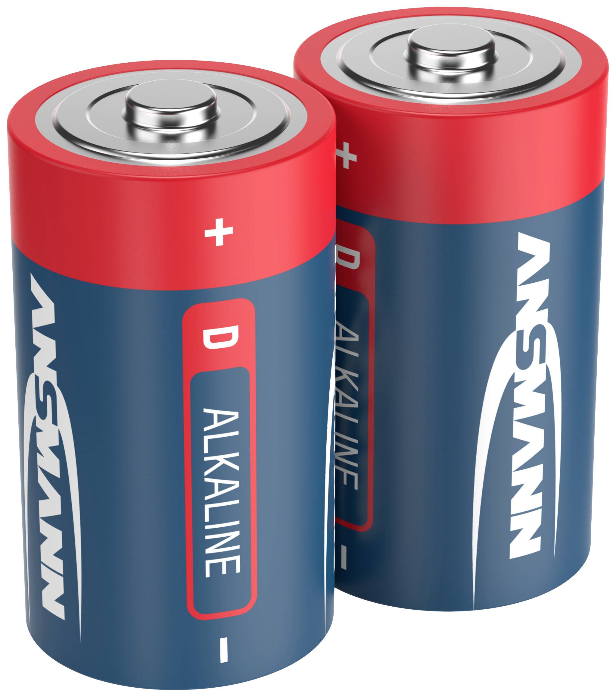 Zwei rote und blaue D-Alkalibatterien mit Plus- und Minuspol.