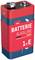 Rote und blaue Alkaline-Batterie mit Aufschrift 'Batterie Alkaline, German Quality Check, 1xE'.
