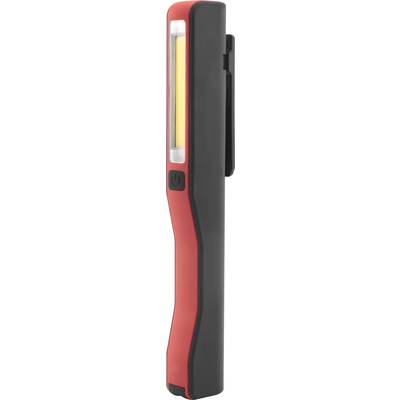 Ein rotes und schwarzes Taschenlampe im Stiftformat mit seitlichem Clip und gelbem Lichtstreifen an der Vorderseite.