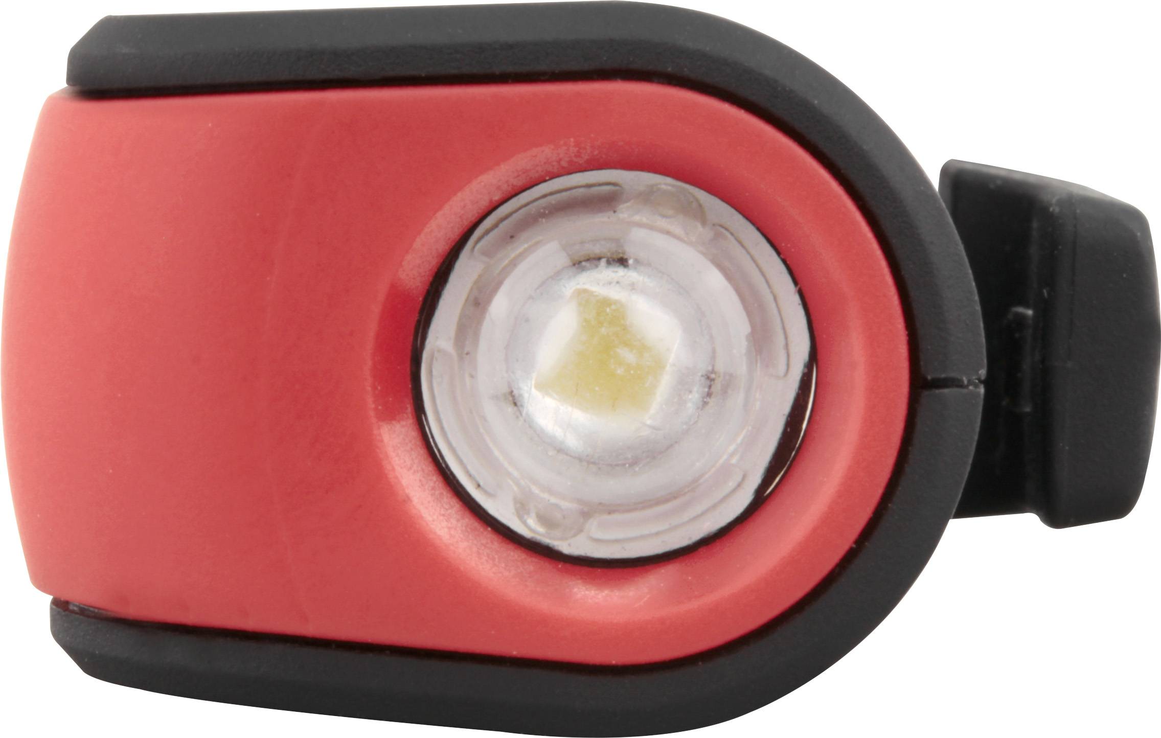 Rotes Fahrradlicht mit schwarzem Rand, LED-Leuchte in der Mitte.