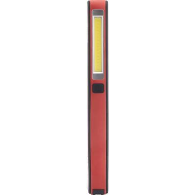 Rote und schwarze tragbare Lampe im Hochformat, leuchtend gelbes Lichtpanel sichtbar in der Mitte, auf weißem Hintergrund.