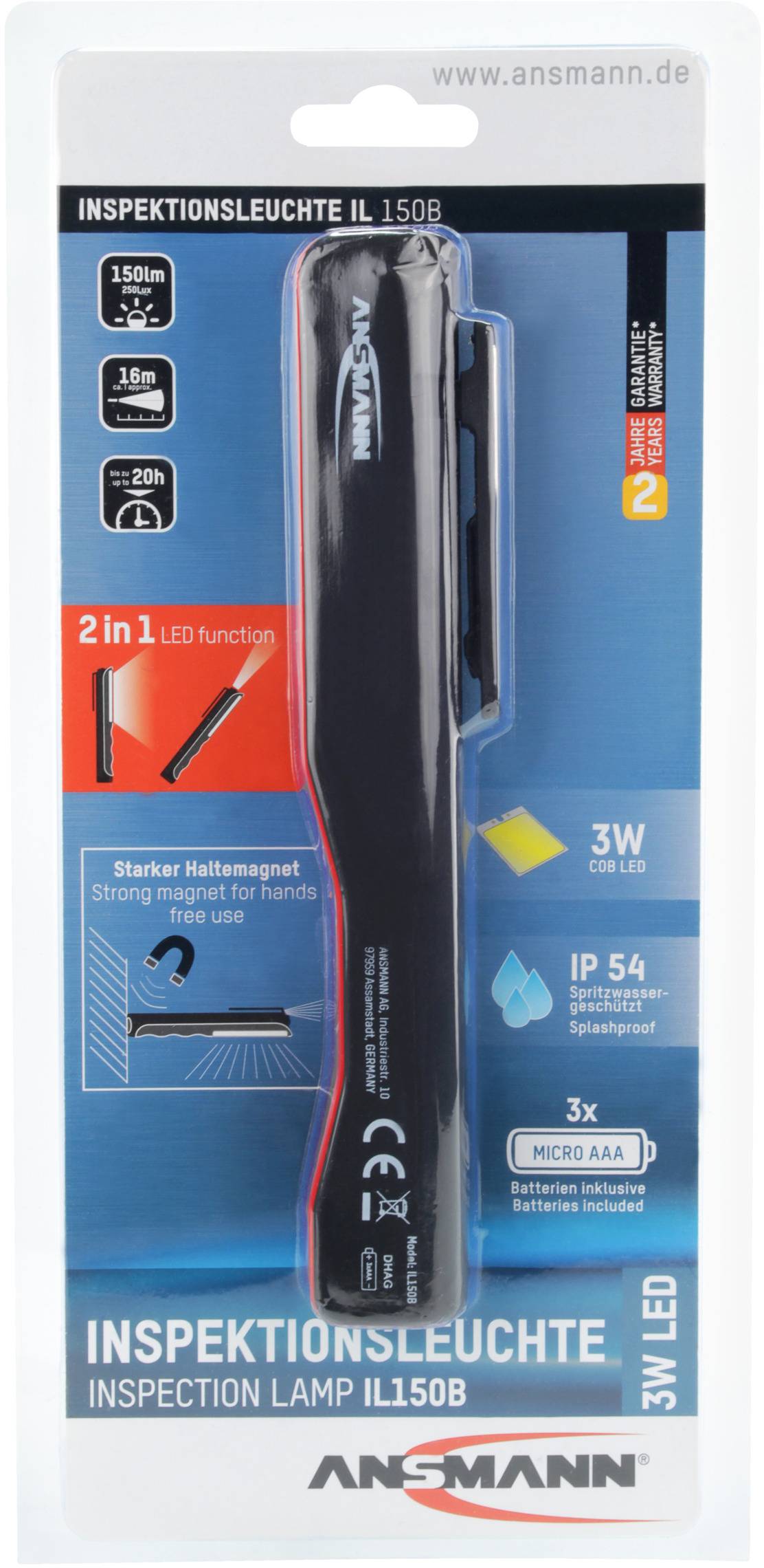 Verpackung einer Inspektionsleuchte mit Modell IL150B. Zeigt die Lampe und hebt Merkmale wie 3W COB LED, IP54 Schutz und Magnet hervor.