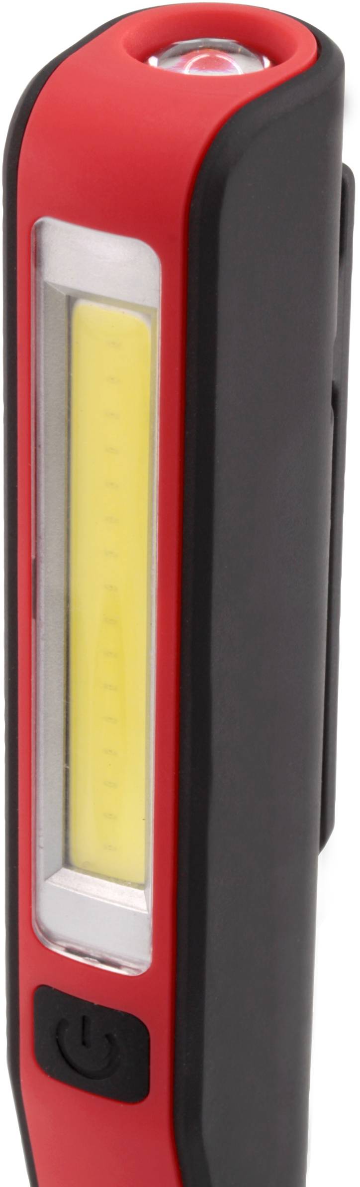 'Taschenlampe mit rotem und schwarzem Gehäuse, vertikaler LED-Streifen und Ein-/Ausschalter unten, für mobilen Einsatz.'