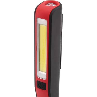 'Taschenlampe mit rotem und schwarzem Gehäuse, vertikaler LED-Streifen und Ein-/Ausschalter unten, für mobilen Einsatz.'