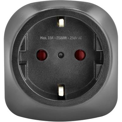 Eine schwarze Steckdose mit zwei Kontakten und roten Isolierringen, gekennzeichnet mit 'Max. 10A - 2500W - 250V AC'.