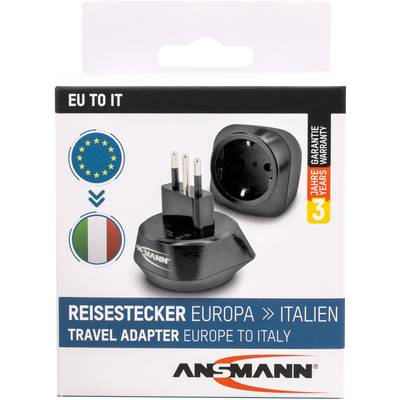 Reisestecker für Europa nach Italien, Abbildung des Steckers, EU- und italienische Flaggen, Aufschrift '3 Jahre Garantie'.