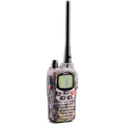 Ein tragbares Funkgerät im Tarnmuster mit Antenne und Display. Markenname 'G9 PRO' und 'Midland' sichtbar.