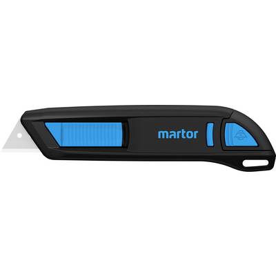 Ein schwarzes Sicherheitsmesser mit blauer Schieberverriegelung und Klinge. Aufschrift 'martor' auf der Seite.
