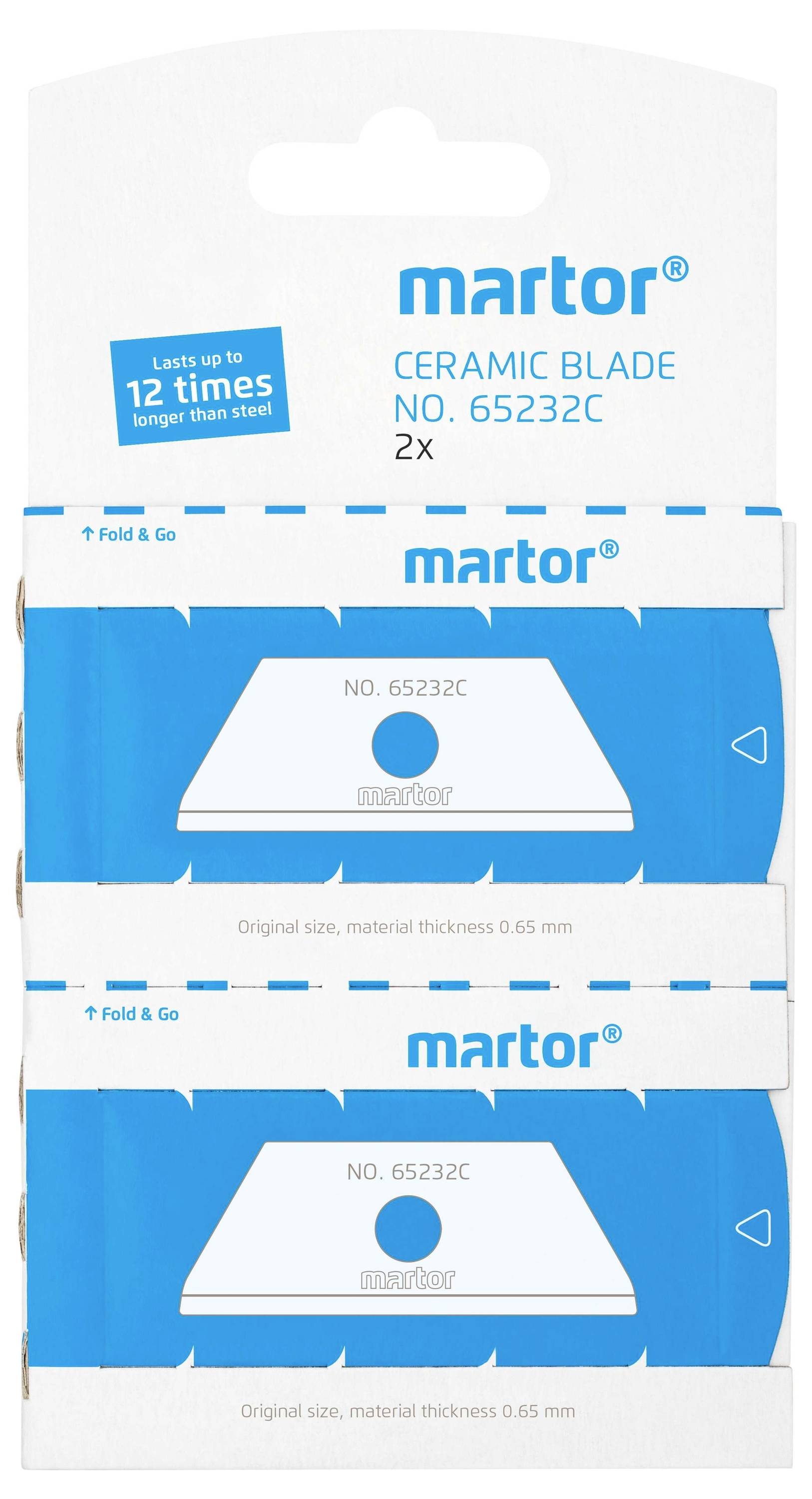 Verpackung von zwei MARTOR Keramikklingen Nr. 65232C, mit Aufschrift '12 mal länger haltbar als Stahl', 0,65 mm Dicke.