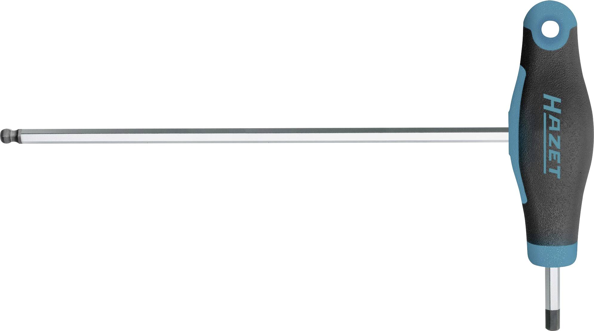 Ein T-Griff-Schlüssel mit blauem und schwarzem Griff. Die Aufschrift 'Hazet' ist seitlich angebracht. Geeignet für mechanische Arbeiten.