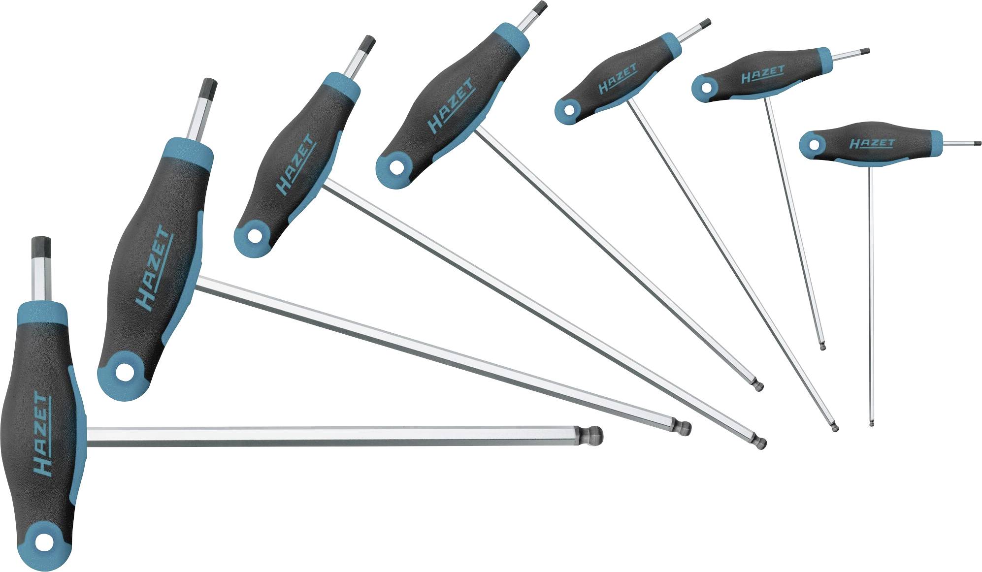 'Satz von T-Griff-Innensechskantschlüsseln in verschiedenen Größen mit ergonomischem Griff, angeordnet in einer Fächerform.'