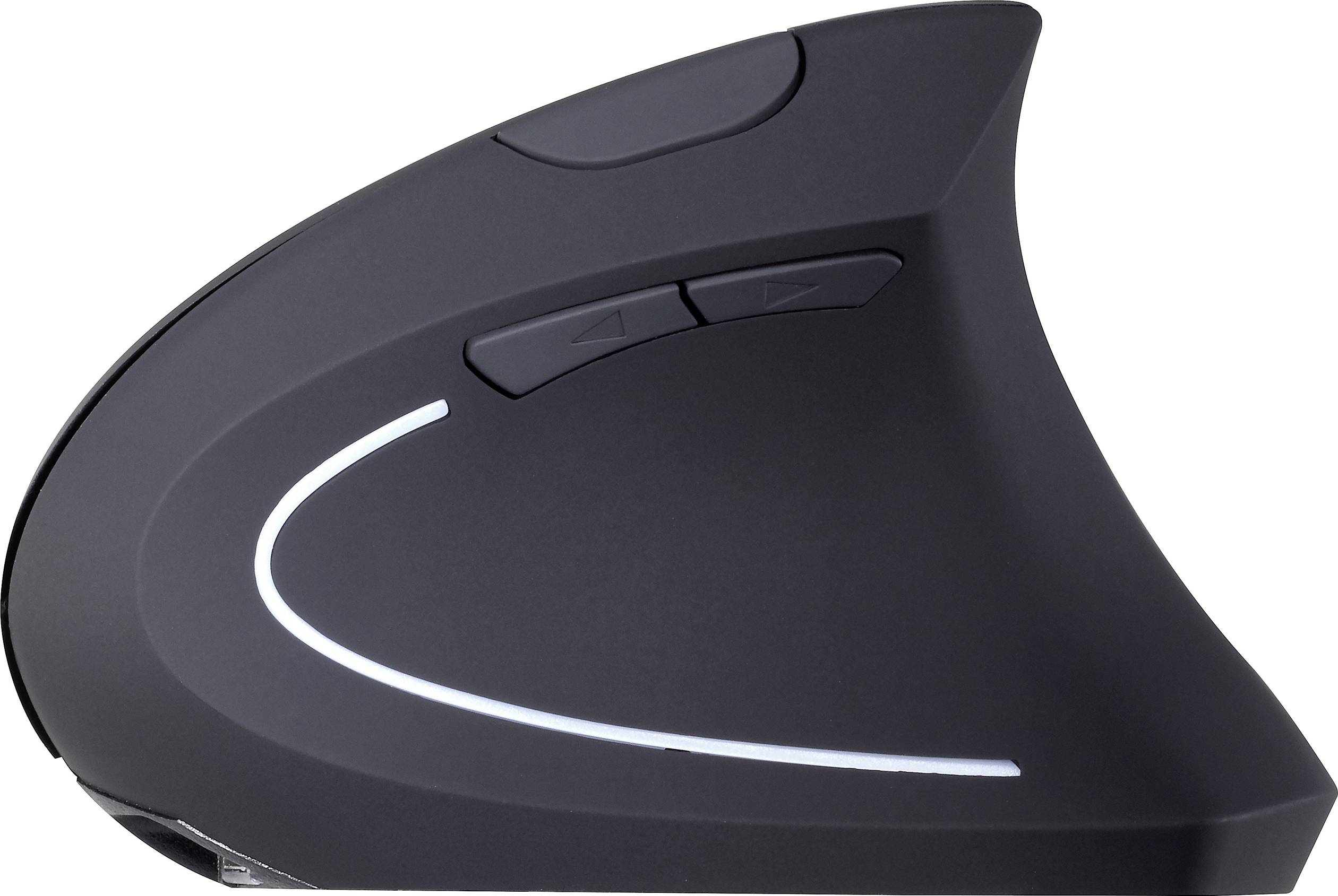 Ergonomische, vertikale Maus in Schwarz mit zwei Seitentasten und leuchtender Linie zur Entlastung des Handgelenks beim Arbeiten.