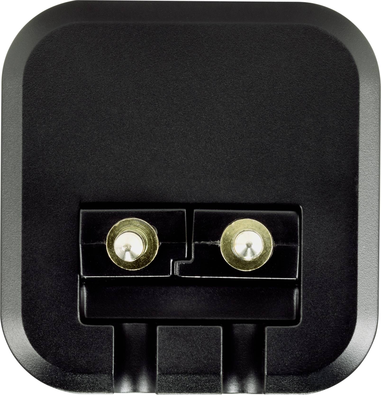 Schwarzer elektrischer Netzstecker mit zwei runden Metallstiften und rechteckiger Form.