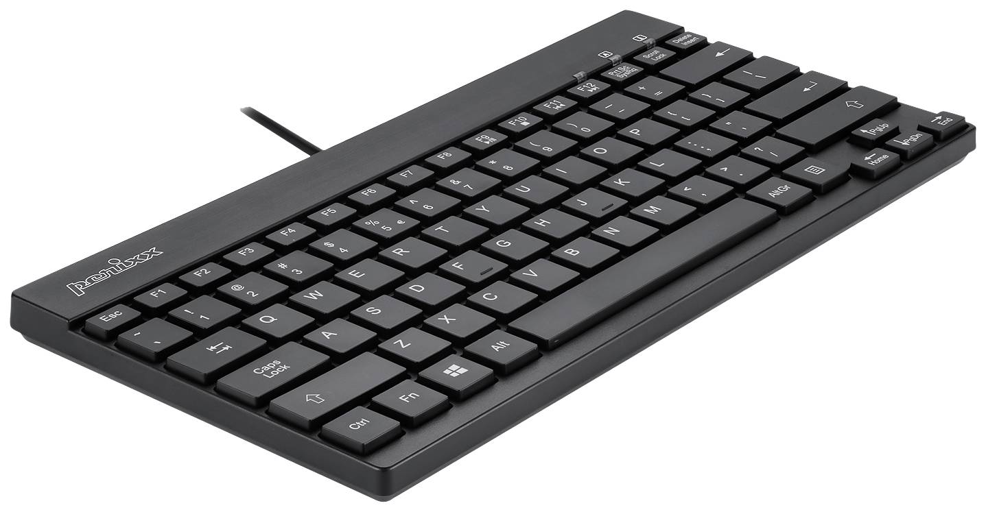 Schwarze, kompakte Tastatur mit deutschem QWERTZ-Layout. Enthält alle Standardtasten ohne Nummernblock, verbindet sich über Kabel.