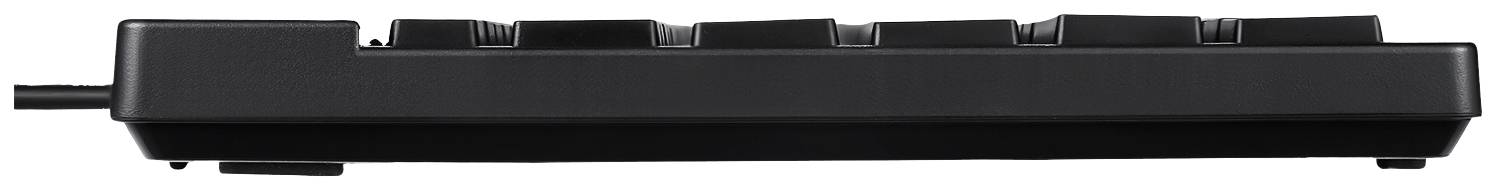 Seitliche Ansicht einer schwarzen Computertastatur mit schlankem Profil.
